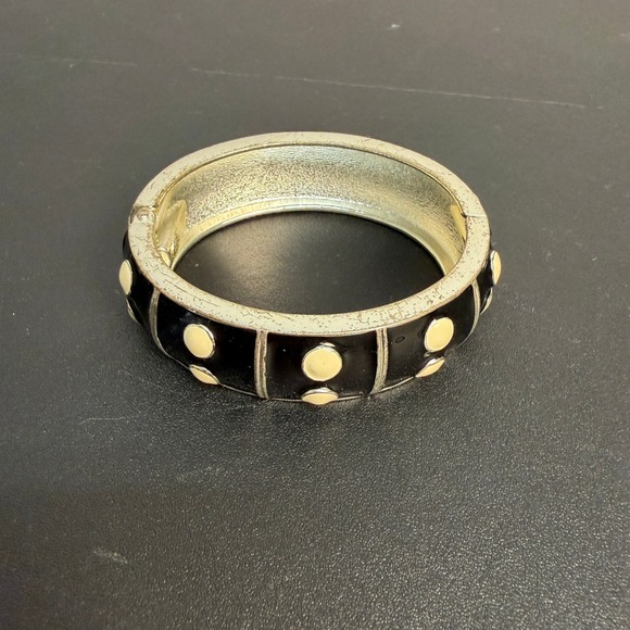 Premiere Design Enamel Black and Cream Polka Dot Hinge Bracelet Cuff - Picture 2 of 11